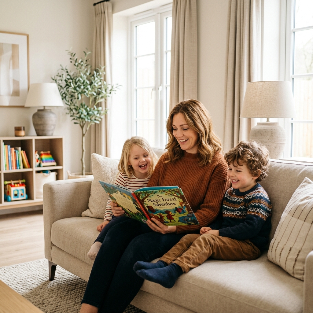 Taylor Harrington reading a storybook to smiling children in a modern living room